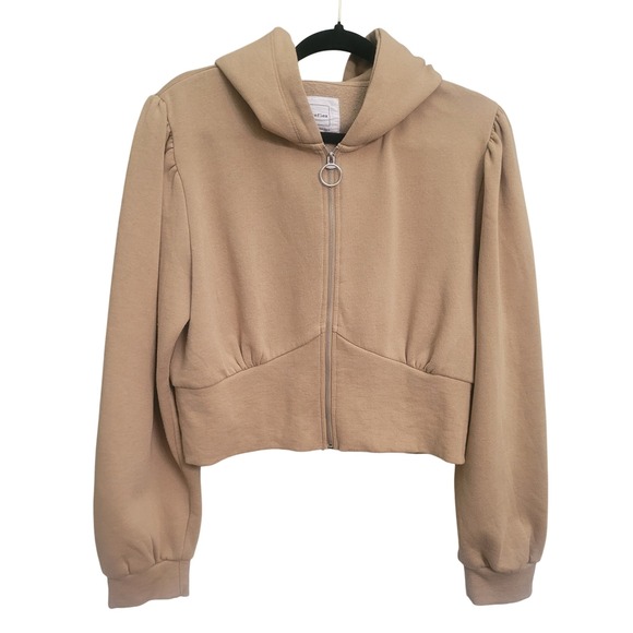 Reflex Tops - Reflex Women's Beige Cropped Zip Up Hoodie‎ Puff Sleeve "Life is Out There"